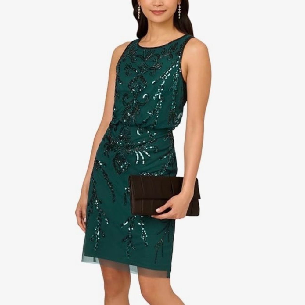 🆕✨Papell Studio Emerald Green Beaded Sequin Sheath Dress Size 4 Long Evening